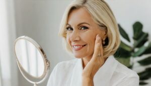 A smiling mature woman with radiant skin touches her cheek while looking into a handheld mirror. Your Complete MOXI Laser Aftercare Guide for smooth, rejuvenated skin after laser treatment.